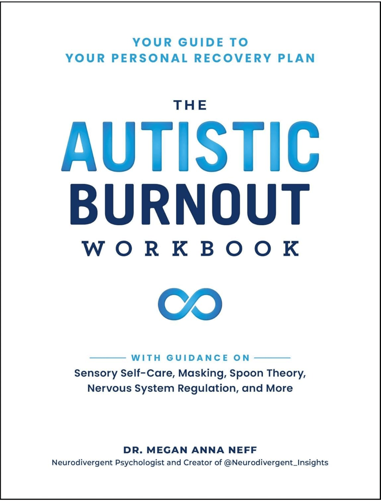 Book cover titled The Autistic Burnout Workbook by Dr. Megan Anna Neff, featuring a blue infinity symbol and subtitle about self-care, masking, spoon theory, and nervous system regulation. One of the best mental health books for self-care strategies.