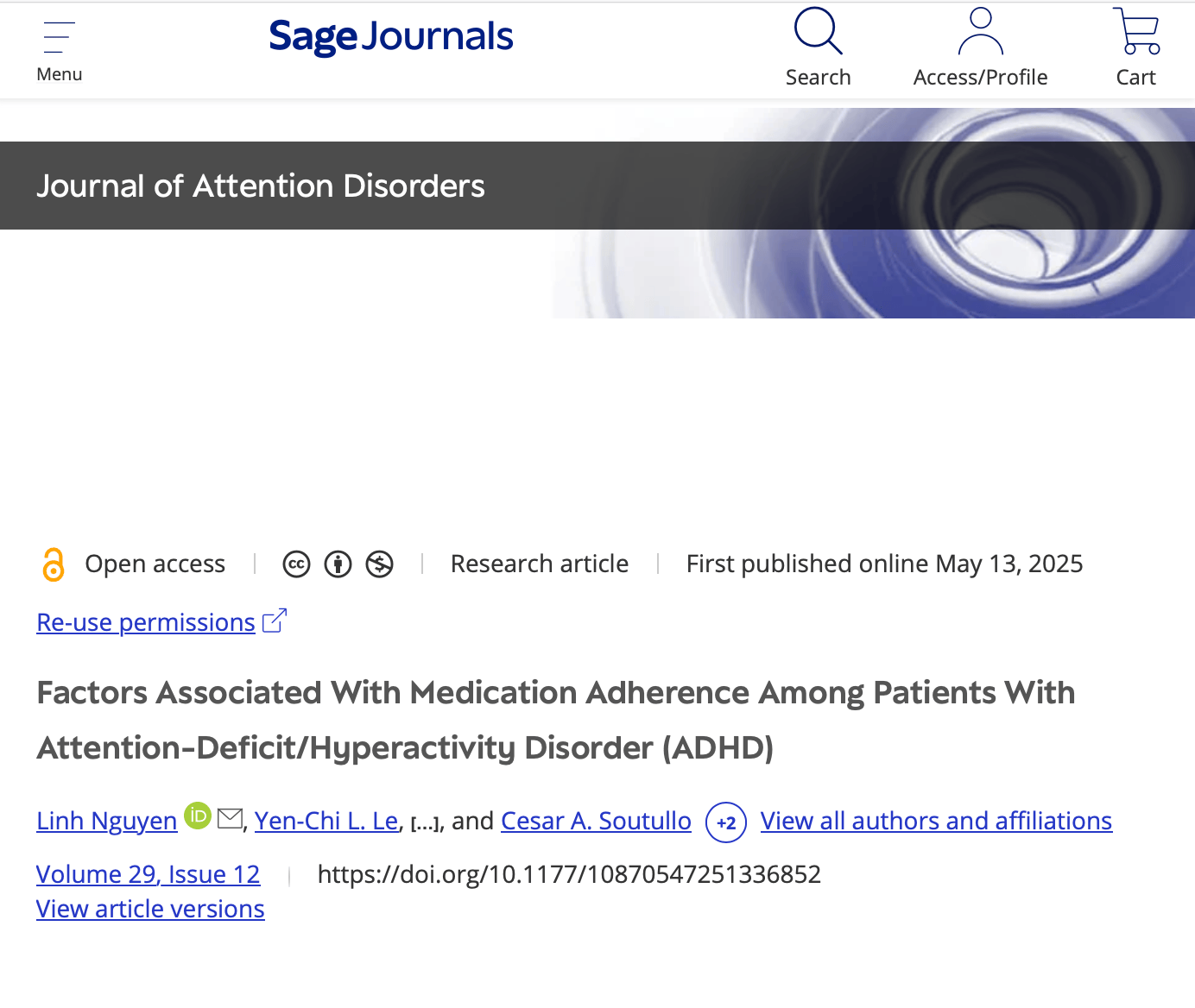 Screenshot of a Sage Journals webpage showing an article titled Factors Associated With Medication Adherence Among Patients With Attention-Deficit/Hyperactivity Disorder (ADHD), offering insights into ADHD treatment options and challenges related to following prescribed therapies.