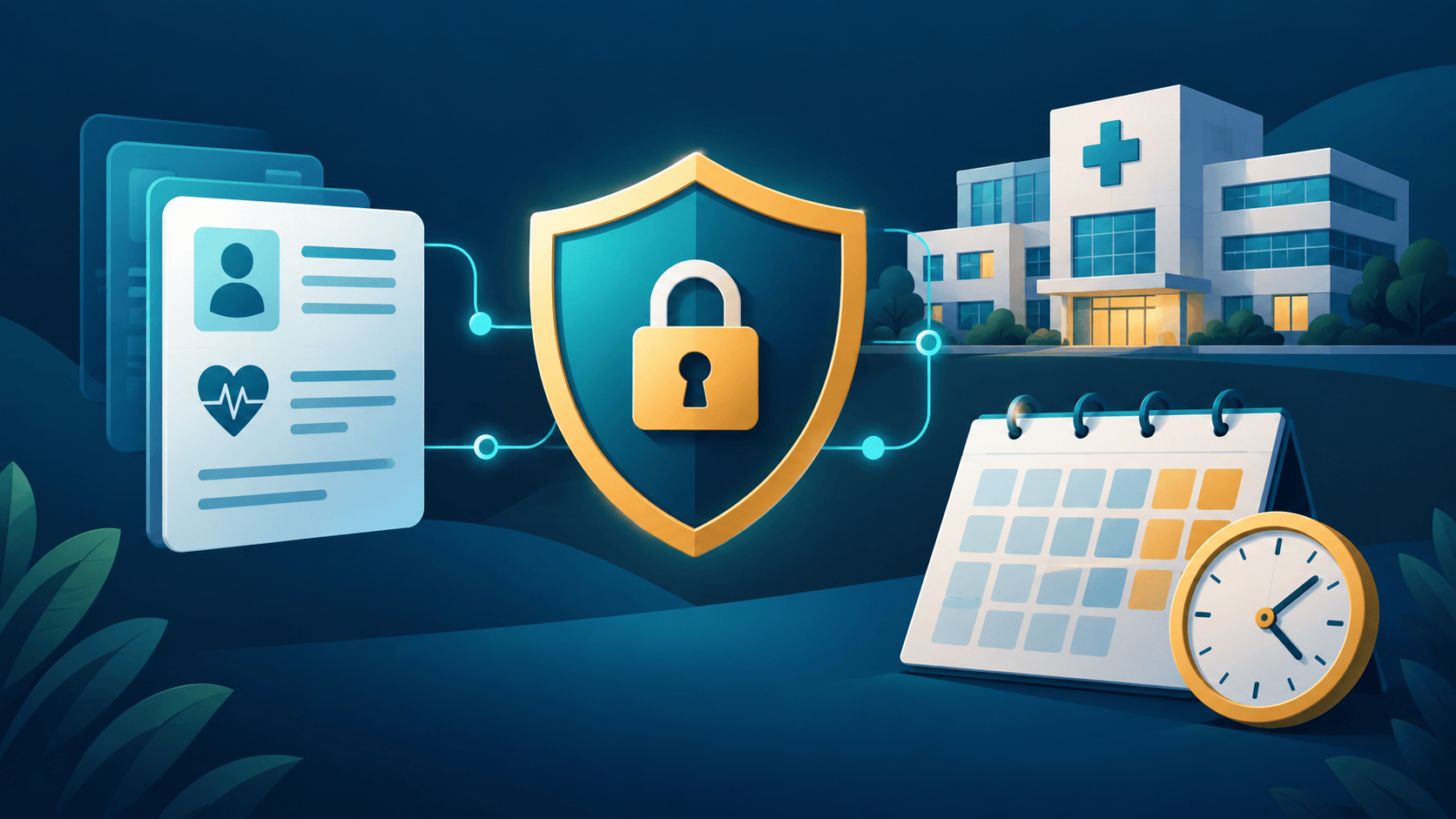 Illustration of a shield and padlock protecting electronic health records beside a hospital, calendar, and clock.