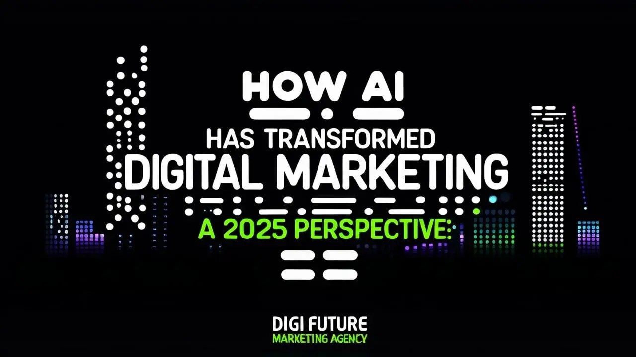 Illustration of AI transforming digital marketing in 2025 — featuring data analytics, personalized ads, chatbots, content automation, and predictive insights working together in a modern digital workspace