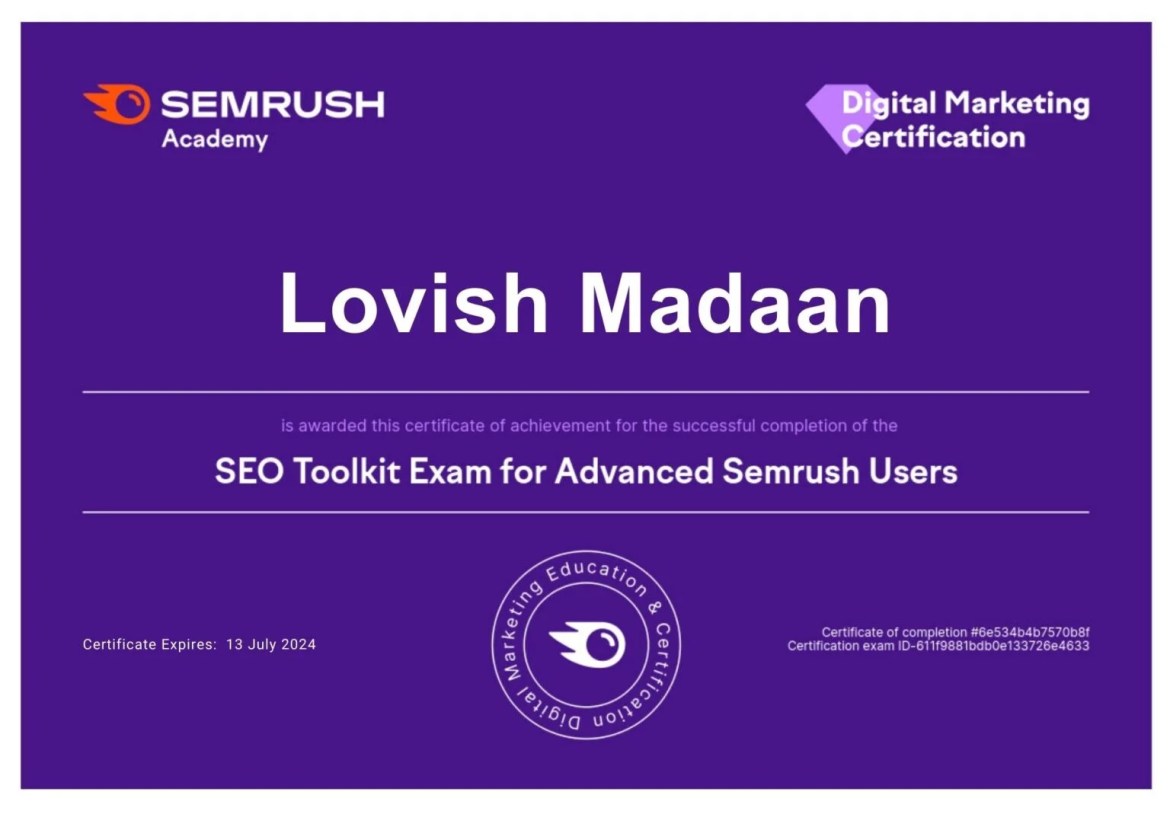 Digital Marketing Course in Hisar 28 semrush certification lovish madaan 1536x1086 2