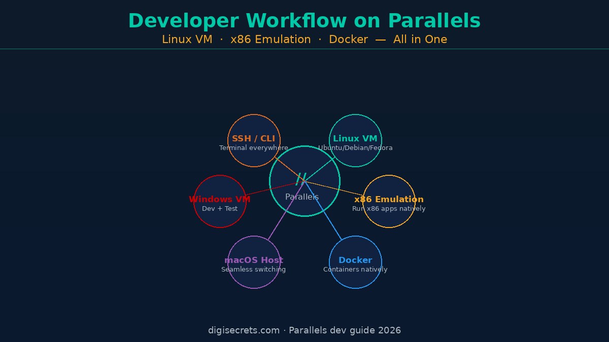Developer workflow on Parallels diagram: hub-and-spoke chart with Parallels at centre connected to Linux VM, x86 Emulation, Docker, macOS Host, Windows VM, and SSH/CLI nodes — teal and gold on dark navy