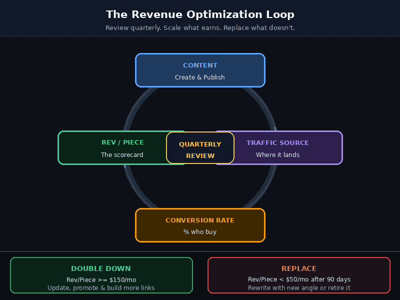 The Revenue Optimization Loop diagram — quarterly review cycle for content strategy