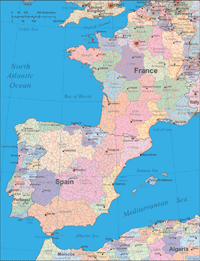 Editable Europe Iberian Peninsula Map With Cities Roads Illustrator Iberian Pen Sm 