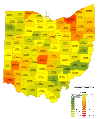 Editable Ohio County Populations Map Illustrator PDF Digital OH State 2007pop Sm 