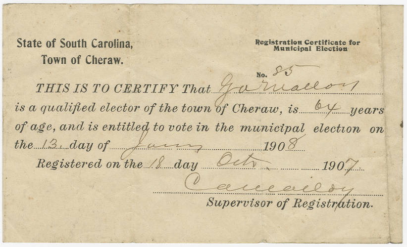 The national mail voter registration form can be used to register u.s. Voter Registration Card 18 October 1907 Cheraw S C For G A Malloy George Archibald Malloy Malloy Family Papers 1861 1907 Uofsc Digital Collections