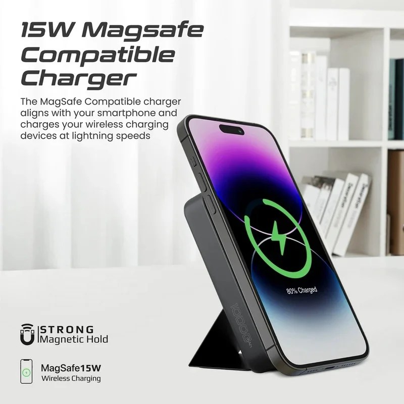 Promate PowerMag-Trio Black power bank attached magnetically to iPhone