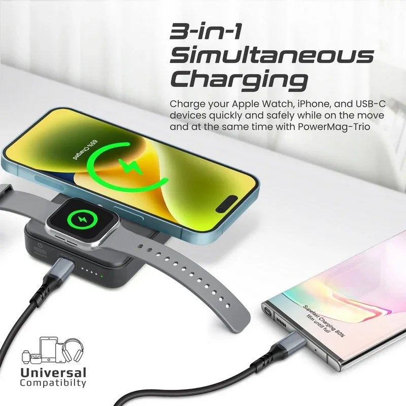 Promate PowerMag-Trio Black charging iPhone and Apple Watch simultaneously