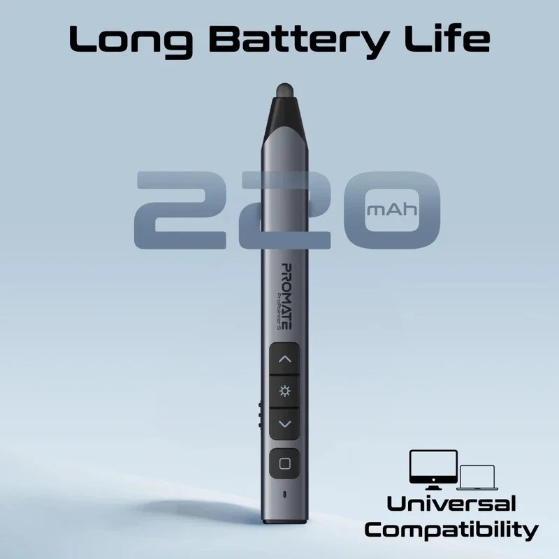 Multifunction Promate ProPointer-S remote clicker showing slide control buttons and USB receiver for presentations
