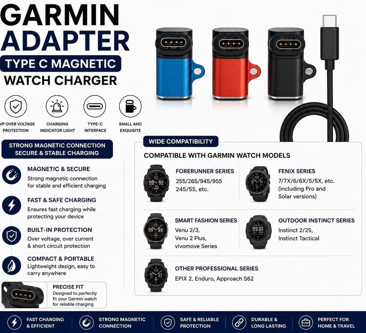 Garmin charging adapter compatible with Forerunner Fenix Venu and Instinct smartwatches
