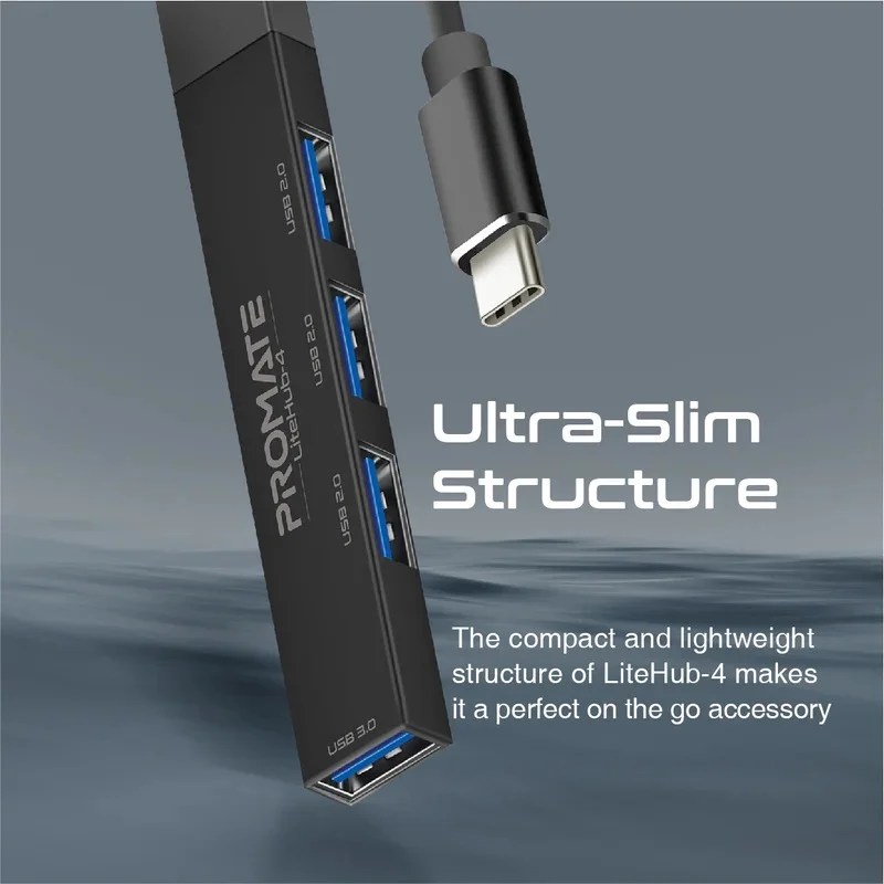 Close-up of LiteHub-4 USB Hub ports — 1 USB 3.0 and 3 USB 2.0