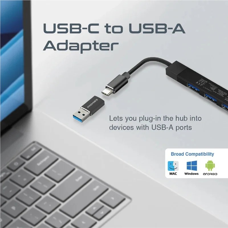 LiteHub-4 USB Hub with bundled USB-C to USB-A adaptor