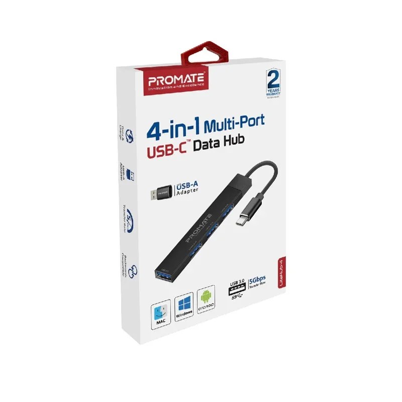 Promate LiteHub-4 USB Hub size comparison next to a smartphone