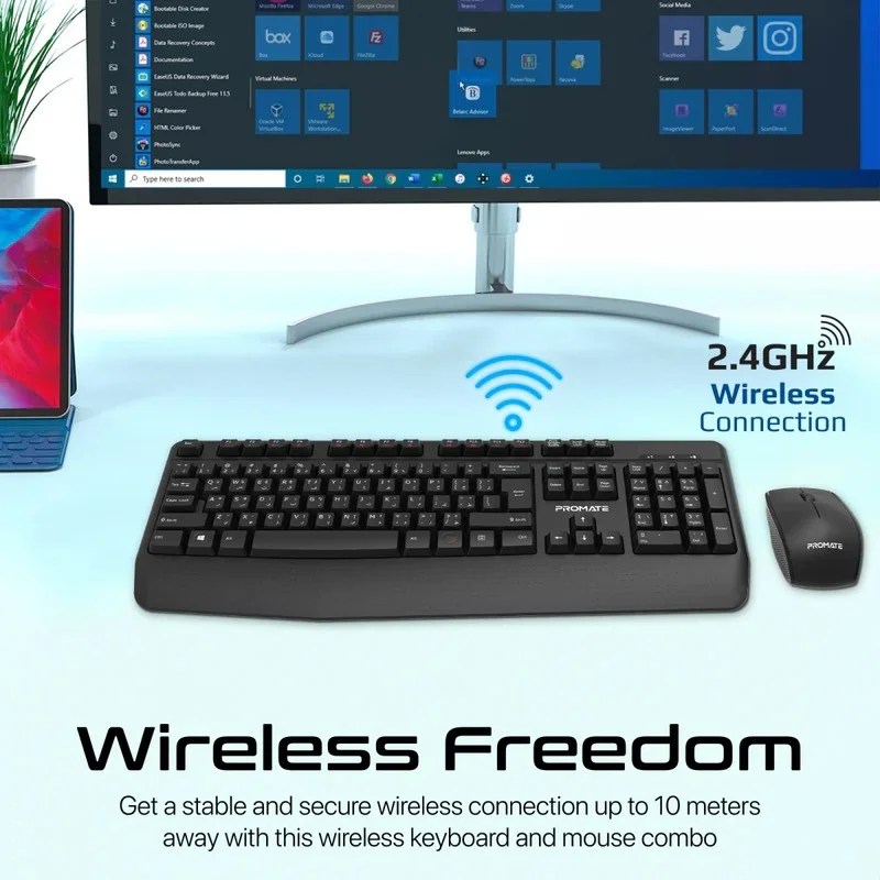 Promate ProCombo-14 full-size wireless keyboard with multimedia keys and 1200 DPI optical mouse