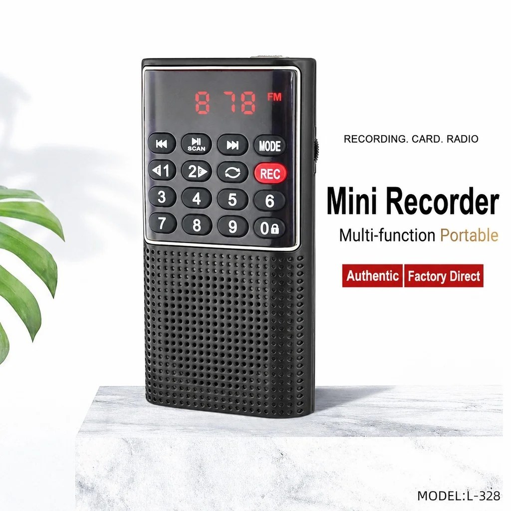 Mini card-style voice recorder with FM radio feature