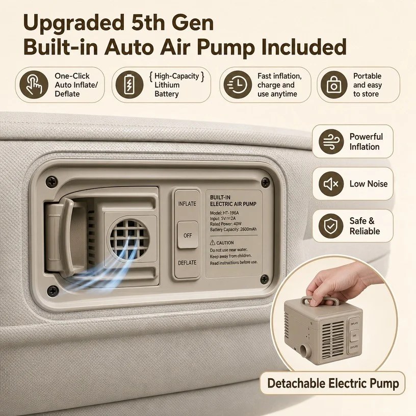 Space-saving inflatable mattress with built-in air pump