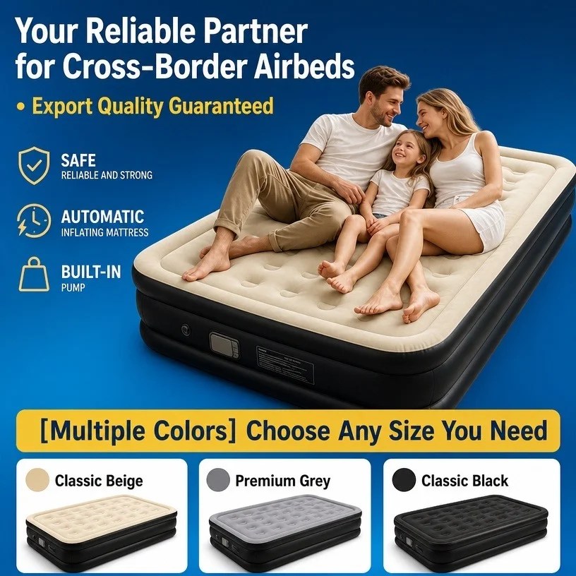 Inflatable air bed with built-in pump for home and guests