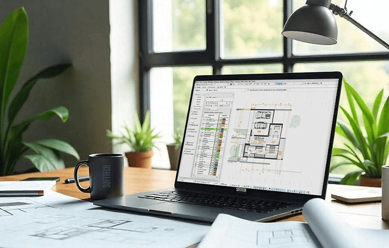 Laptop displaying an AutoCAD architectural floor plan on a drafting desk