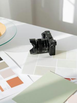 Digital camera resting on a desk with color swatches and design materials.