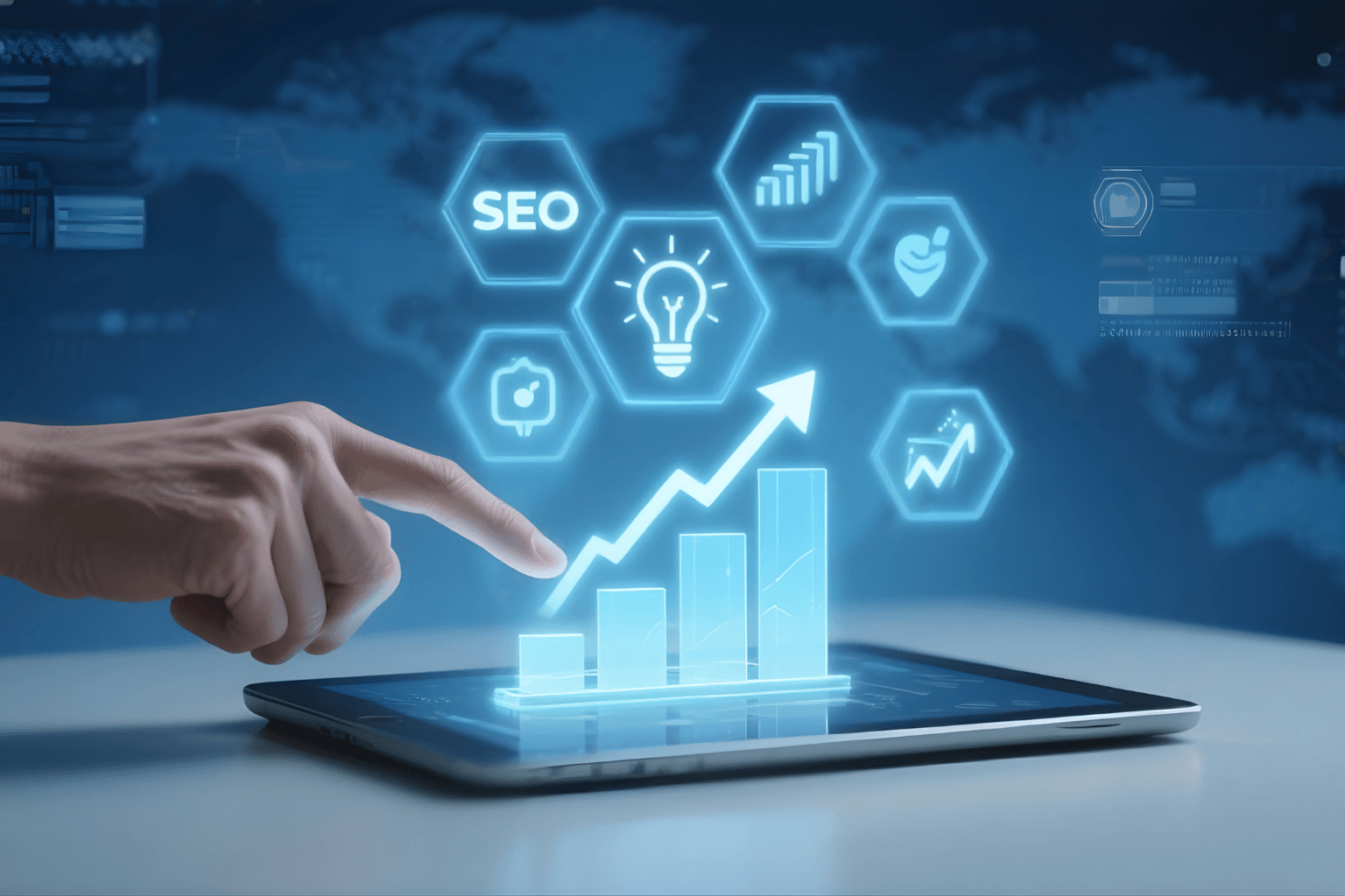 Hand interacting with a digital tablet displaying holographic SEO icons and a rising growth chart representing AI-driven digital marketing analytics.