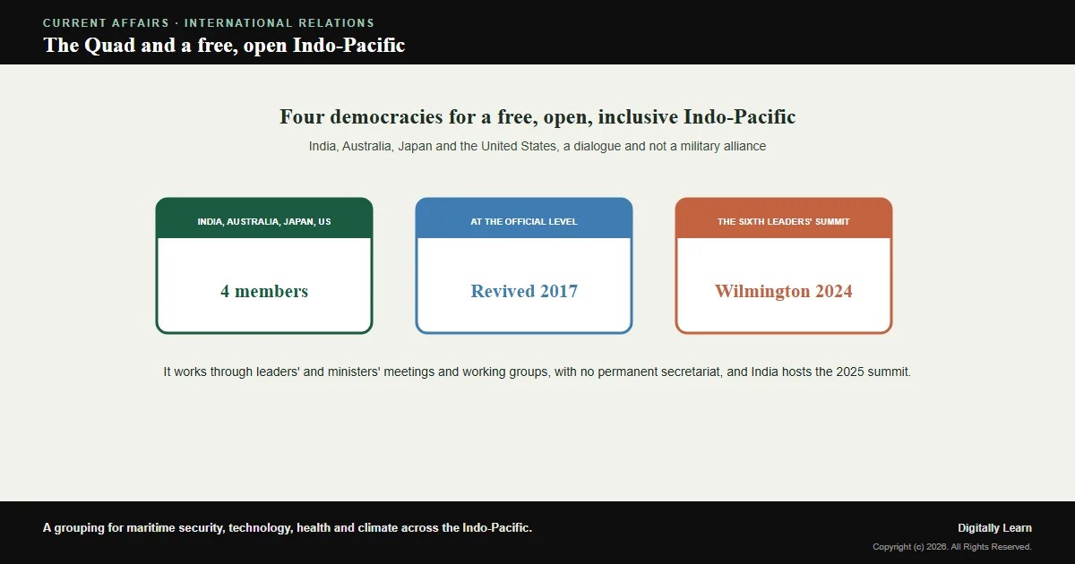 The Quad (Quadrilateral Security Dialogue): Members, Evolution and India’s Indo-Pacific Stakes