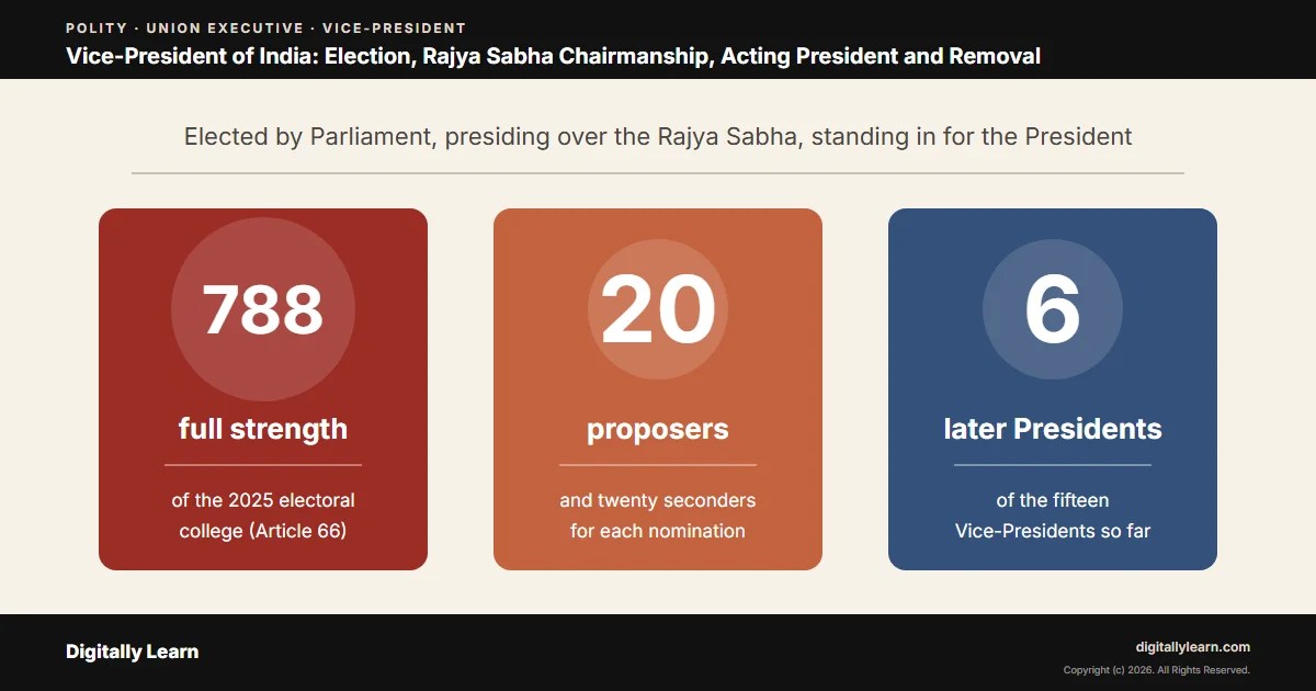 Cover of the article: Vice-President of India: Election, Rajya Sabha Chairmanship, Acting President and Removal