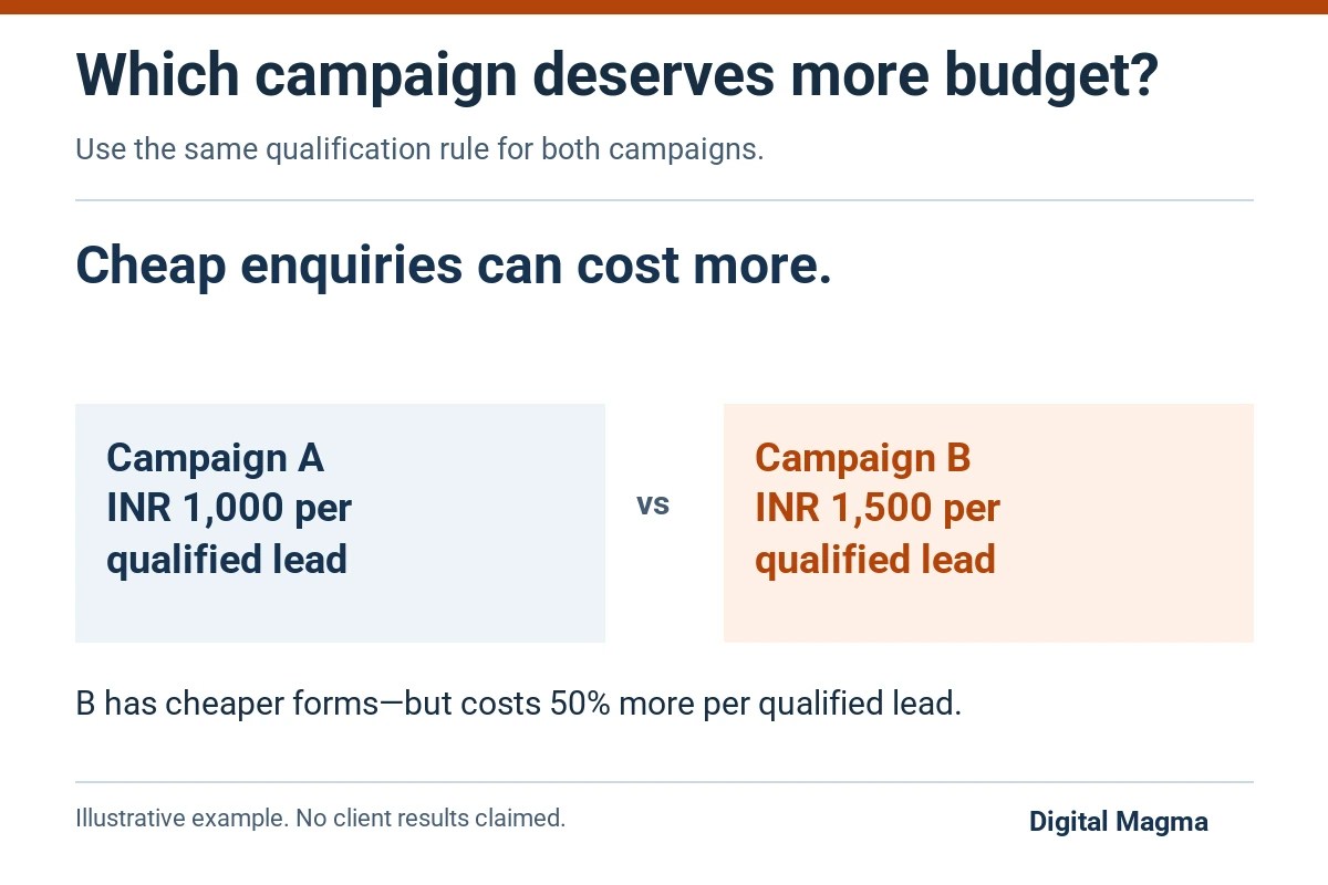 Hypothetical campaign A costs INR 1000 and B INR 1500 per qualified lead.