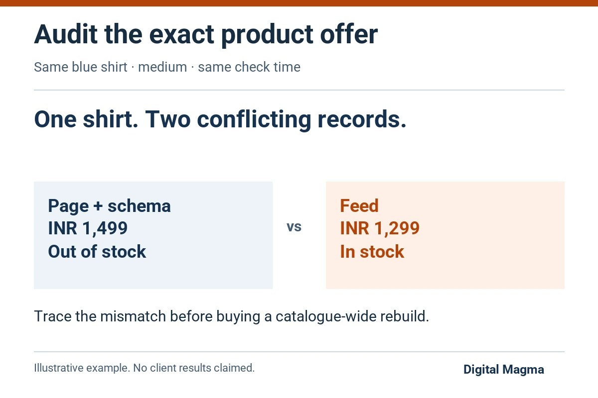 Medium blue shirt page and schema show INR 1499 and out of stock; feed shows INR 1299 and in stock.