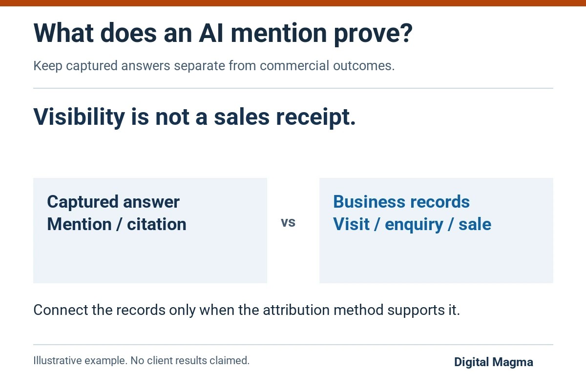 Keep AI visibility evidence separate from visits, enquiries and sales; a hypothetical sample increases from 20 to 30 percent.
