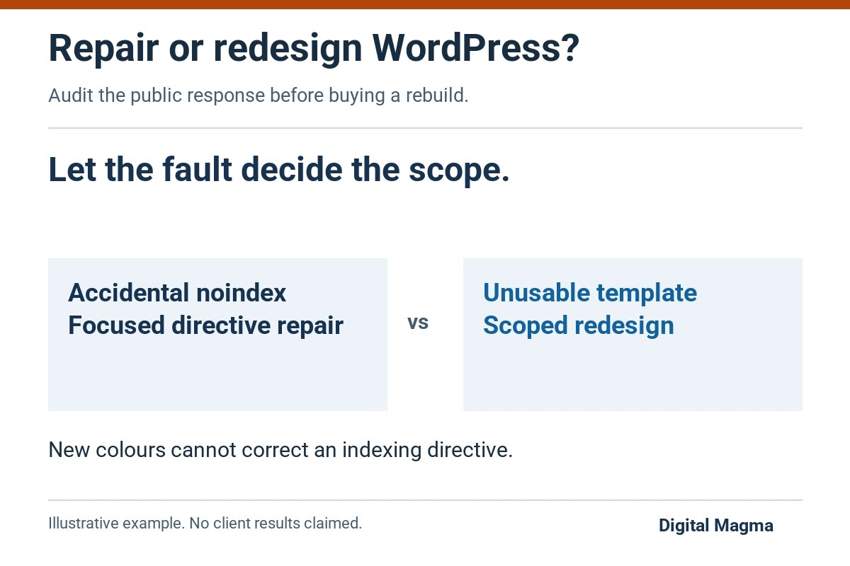 Diagnose first: repair wrong directives or redesign unusable templates; check redirects if URLs change.