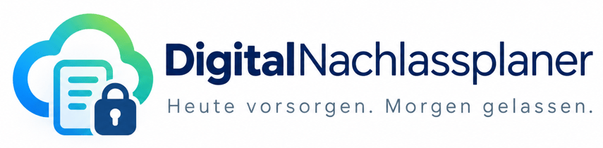 DigitalNachlassPlaner – Logo mit Cloud, Dokument und Schloss; Heute vorsorgen. Morgen gelassen.