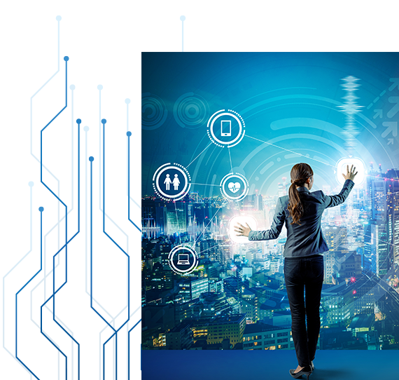 Person interacting with a digital interface representing digital transformation principles, innovation, and IT-business alignment.