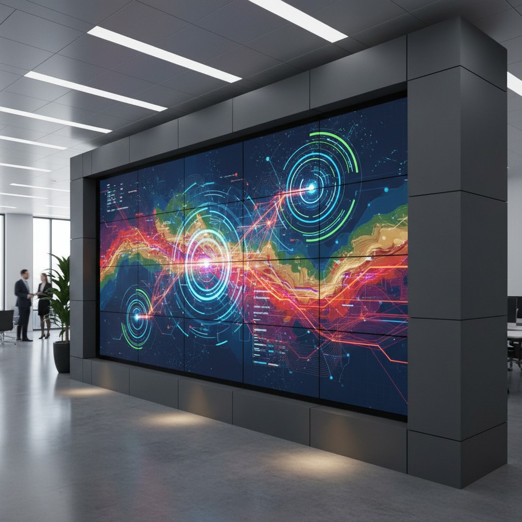 A technology workspace with a large wall display