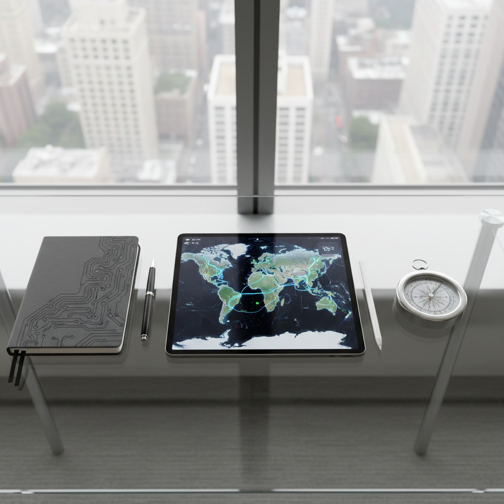 A tablet with a map of the world displayed on its screen sits on a glass desk, accompanied by a notebook and pen. The desk...
