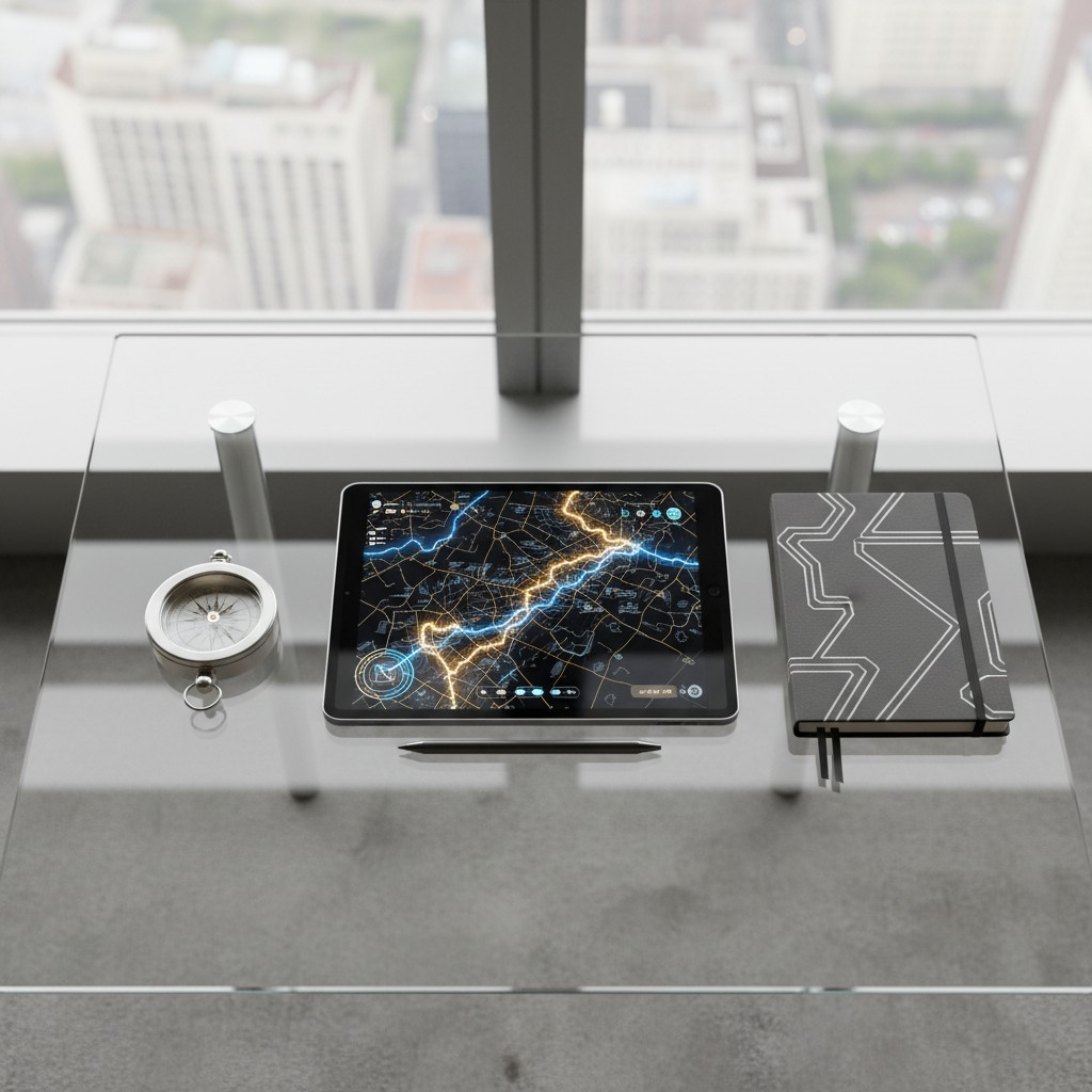 Alternative Title: A digital map displayed on a tablet in a glass table next to a compass and a notebook, viewed from abov...