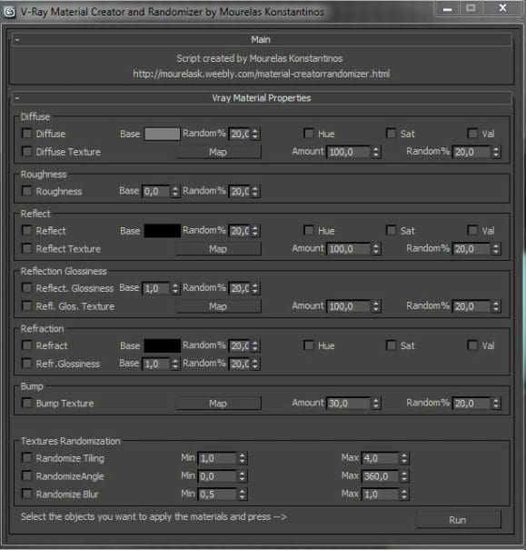V-Ray material editor interface with settings for diffuse, roughness, reflect, refract, and bump properties
