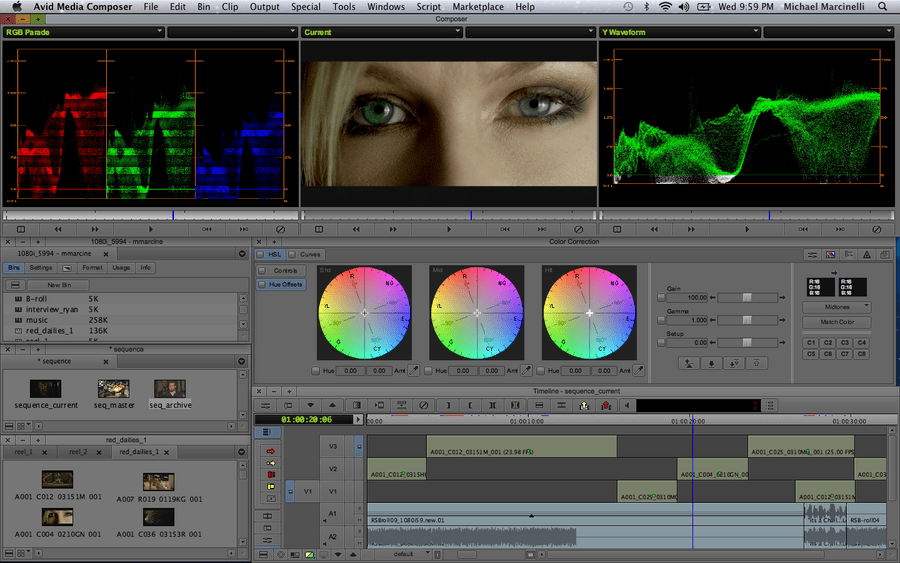 Editing software interface with video waveforms