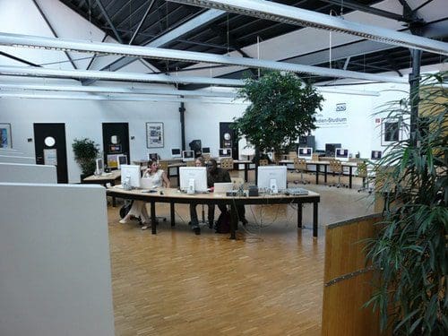 A spacious office space featuring several workstations with individual computers, surrounded by greenery and artwork on the walls. Two people are seated at a table, focused on their tasks.