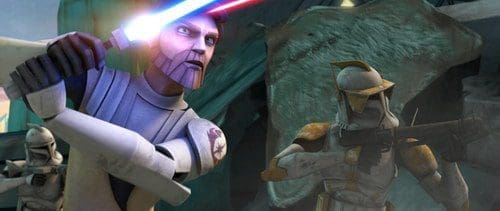 A scene featuring two animated characters in a battle setting. One character wields a glowing blue and red lightsaber, while the other, wearing armor, is ready with a weapon. They stand against a backdrop of rocky terrain.