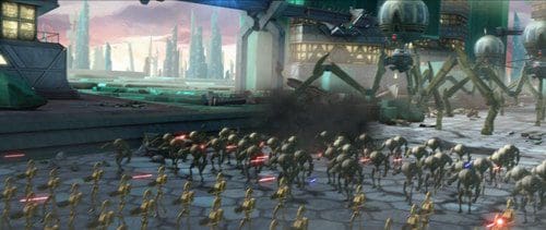 A futuristic battlefield scene featuring an army of droids marching across a industrial landscape. The background shows a city skyline with tall structures and a colorful sky. Some droids are equipped with glowing weapons.
