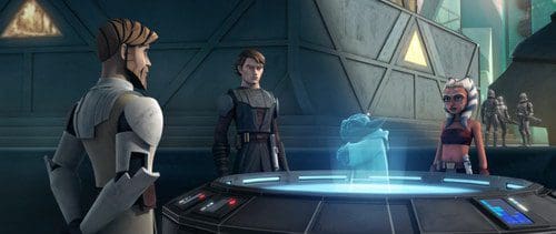 Three animated characters in a futuristic setting, gathered around a holographic display on a circular table. The characters are engaged in discussion, with geometric structures and dim lighting in the background.