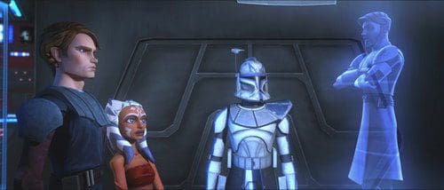 A group of four characters in a sci-fi setting, with a Jedi Knight, a Togruta warrior, a clone trooper, and a holographic figure. They appear engaged in a serious discussion in a dimly lit room adorned with futuristic technology.
