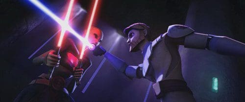 A dramatic standoff between two animated characters, one wielding a red lightsaber and the other holding a blue lightsaber, depicted in a dark, atmospheric environment with beams of light highlighting their confrontation.