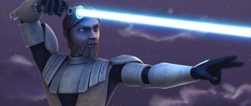 A character wielding a glowing blue lightsaber in a dramatic stance, with a determined expression on his face. The background features a twilight sky filled with soft clouds, creating an intense atmosphere.
