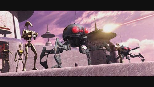 A group of cartoon-style droids, including a large one with red eyes and two smaller ones, positioned on a futuristic cityscape backdrop with purple skies and floating structures.