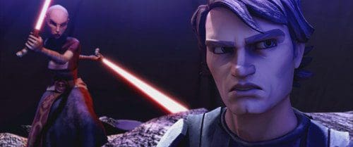 A focused male character with short hair and a serious expression stands in the foreground, while a female figure in a dark robe, wielding a red lightsaber, is in the background, engaged in an intense setting.