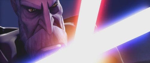 A close-up of a menacing character with a strong jawline and deep-set eyes, holding dual glowing lightsabers against a dark background, suggesting an intense confrontation.