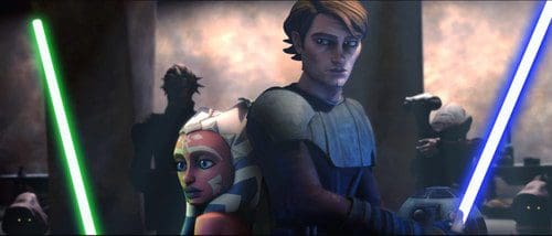 Two animated characters stand back-to-back, ready for action, with lightsabers drawn. One character, a Togruta, has orange and white markings on her head. The other, a human, has blonde hair and a serious expression. A shadowy background hints at other figures.