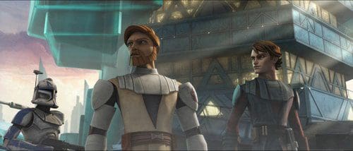 Three animated characters stand in a futuristic urban landscape. A clone trooper wears armor and holds a weapon. Two Jedi, one with a beard and the other with a youthful appearance, face forward, ready for action, with a sci-fi structure in the background.