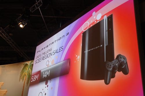 A promotional display featuring a PlayStation 3 console with a game controller, highlighting sales figures of 58.8 million units. The background has a vibrant gradient design with circles.